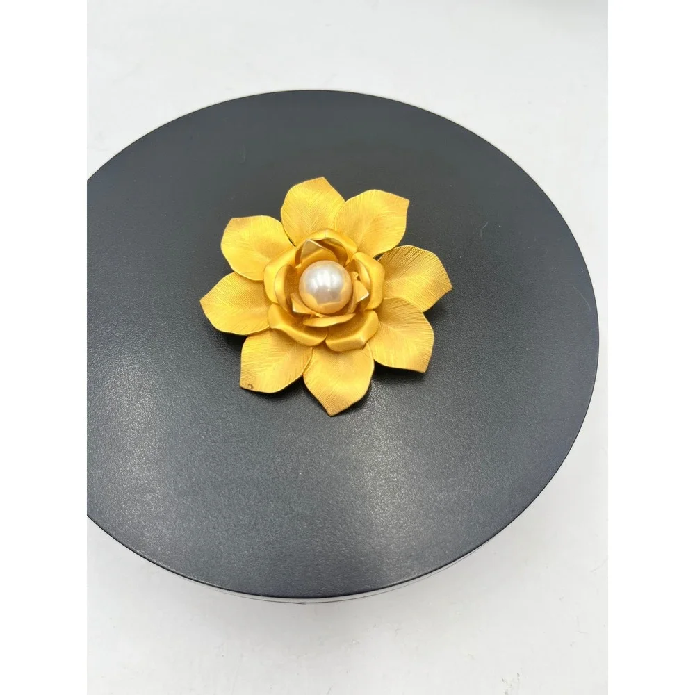 Large Vintage Etched Rose White Faux Pearl Center Matte Gold Tone Brooch  Flower